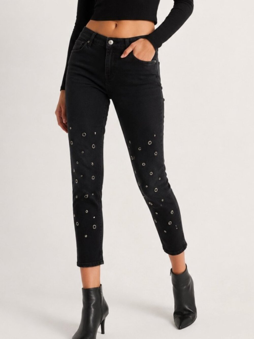 Hudson Riley Crop Skinny Jeans Black Studded Star Ankle Stretch Denim 26